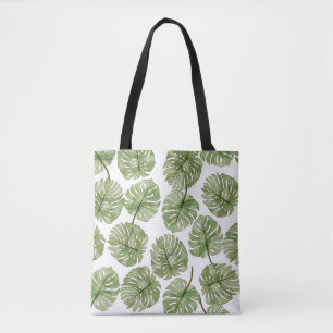 Bolsa Tote Monstera Watercolor Verde Folhas Tropicais Sem Olh