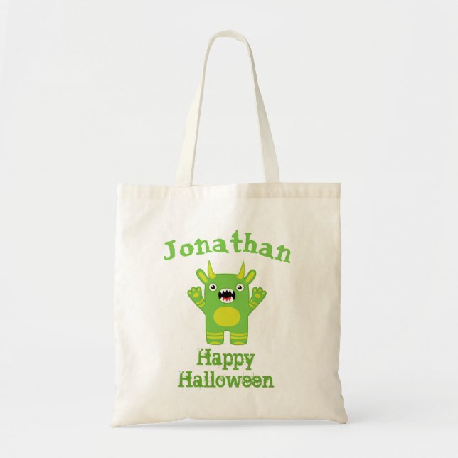 Bolsa Tote Monstro verde feliz personalizado do Dia das (Frente)