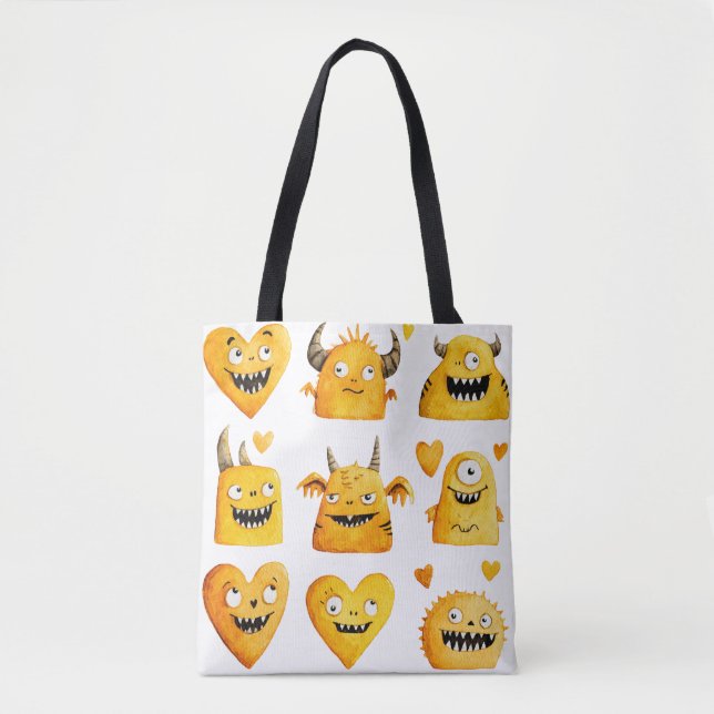 Bolsa Tote Monstros do Dia das Bruxas Amarelo (Frente)