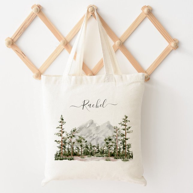 Bolsa Tote Montanha e Floresta de Aquarela Monogramada (In situ)