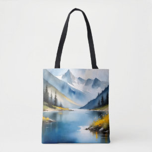 Bolsa Tote Montanhas com capa de neve e um lago