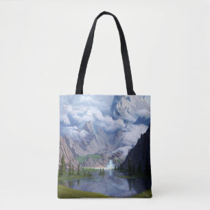 Bolsa Tote Montanhas do lago cascata digital arte 3D ilustrad