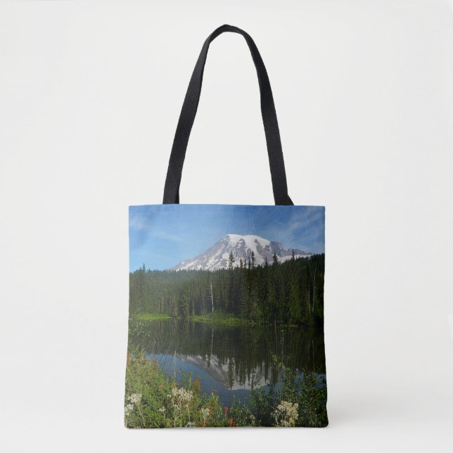 Bolsa Tote Monte Rainier Lake Refletido com flores selvagens (Frente)