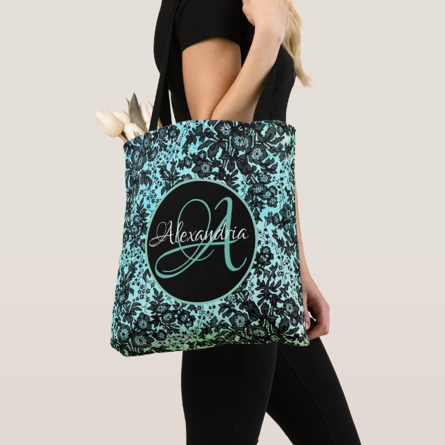 Bolsa Tote Moody Black Floral no Turquoise Monogramo (Close Up)