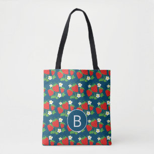 Bolsa Tote Morango e Flor Padrão Azul Monograma