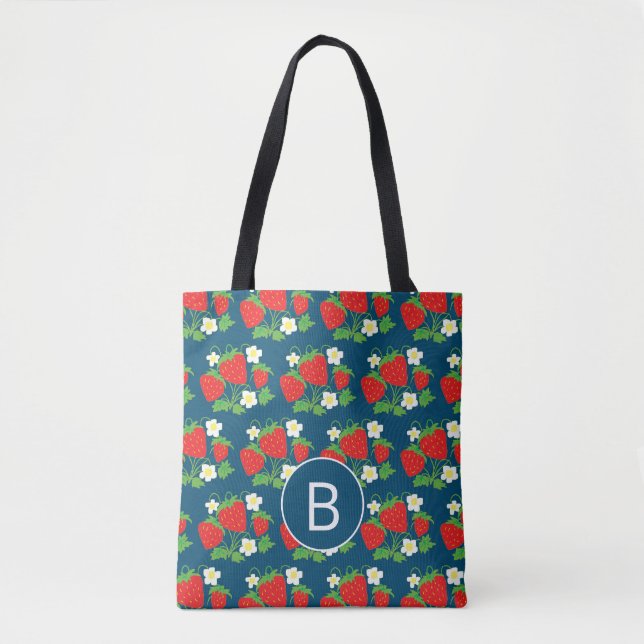 Bolsa Tote Morango e Flor Padrão Azul Monograma (Frente)