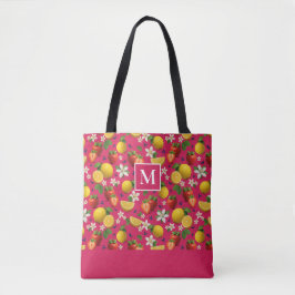 Bolsa Tote Morango Fresco de Fruta e Monograma de Limão Rosa