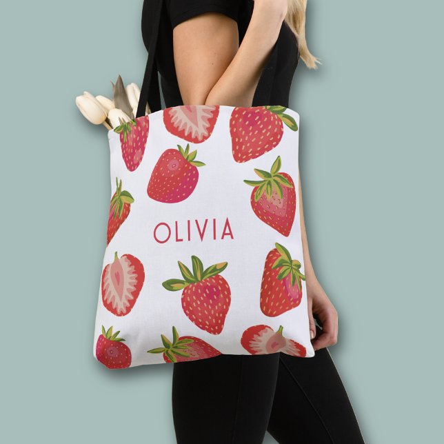 Bolsa Tote Morango Nome Personalizado (Peraonslized strawberry print all over print tote bag)