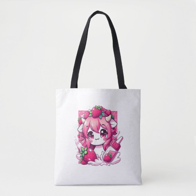 Bolsa Tote Morango Vaca Kawaii Anime Morango Leite _1 (Frente)