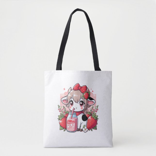 Bolsa Tote Morango Vaca Kawaii Anime Morango Leite _6 (Frente)