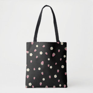 Bolsa Tote Morangos e Flores Padrão Preto
