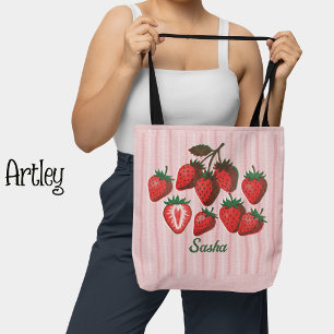 Bolsa Tote Morangos e Listras com Nome Personalizado Risograp