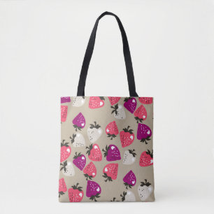 Bolsa Tote Morangos Naive: Fundo bege Sem Olhos.