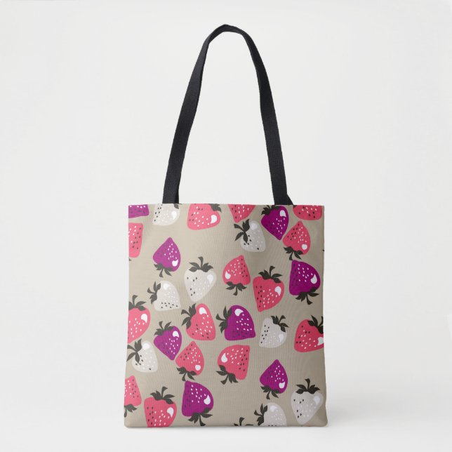 Bolsa Tote Morangos Naive: Fundo bege Sem Olhos. (Frente)