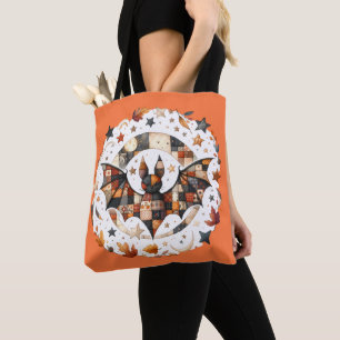 Bolsa Tote Morcego de Halloween em Cores de Outono em Patchwo