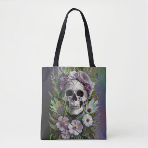 Bolsa Tote Morte por Lilac, Flores Roxas e Crânio Gótico