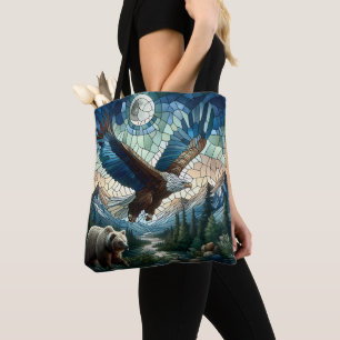 Bolsa Tote Mosaic Bear and Eagle in the Mountains Ai Art