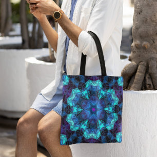 Bolsa Tote Mosaico Caleidoscópio Flor Azul e Púrpura