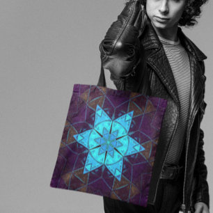 Bolsa Tote Mosaico Caleidoscópio Flor Azul e Púrpura