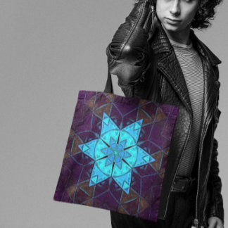 Bolsa Tote Mosaico Caleidoscópio Flor Azul e Púrpura