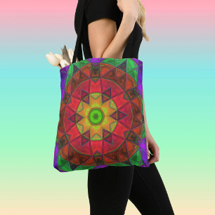 Bolsa Tote Mosaico Caleidoscópio Flor Vermelho Verde e Roxo