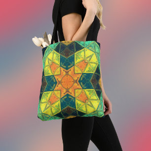 Bolsa Tote Mosaico Caleidoscópio Quadrado Laranja Amarelo e