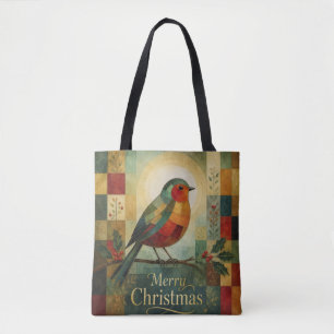 Bolsa Tote Mosaico de Natal Robin Pássaro Azevinho Baga
