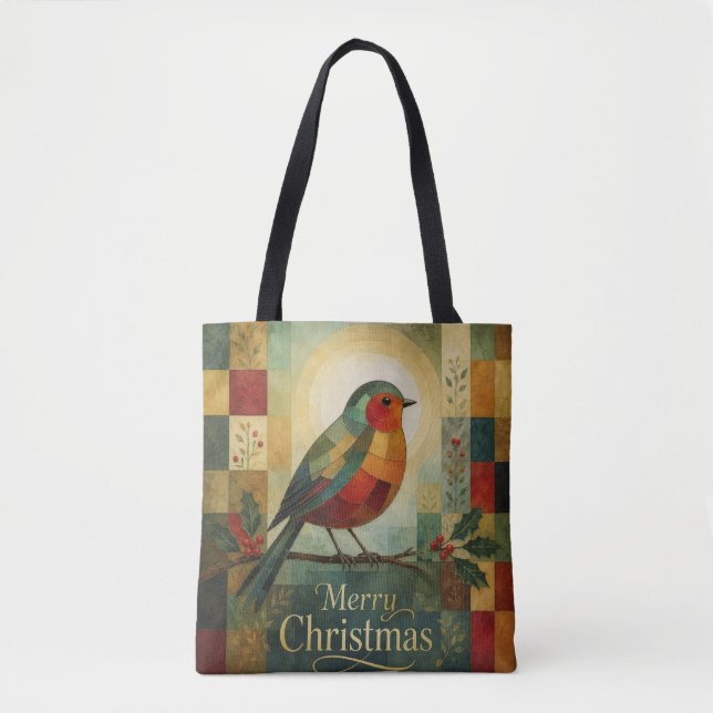 Bolsa Tote Mosaico de Natal Robin Pássaro Azevinho Baga (Frente)