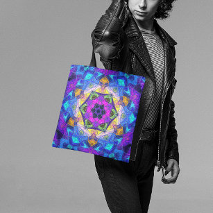 Bolsa Tote Mosaico Flor de Mandala, Cor-de-rosa, azul e amare