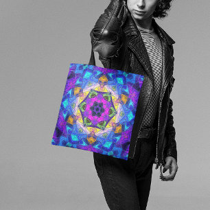 Bolsa Tote Mosaico Flor de Mandala, Cor-de-rosa, azul e amare