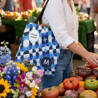 Bolsa Tote Mosaico Geométrico Azul Bauhaus Monograma Nome Per