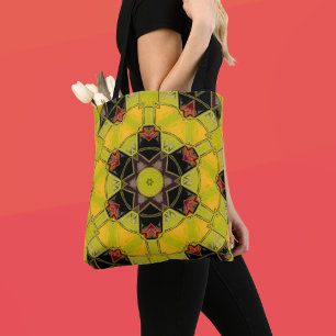 Bolsa Tote Mosaico Mandala Flor Amarelo Verde Vermelho e Pret