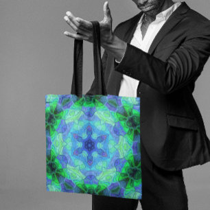 Bolsa Tote Mosaico Mandala Flor Azul e Verde