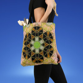 Bolsa Tote Mosaico Mandala Flor Verde Amarelo e Negro