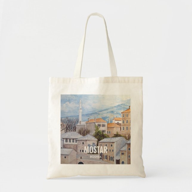 Bolsa Tote Mostar, Bósnia - Pintura de paisagem acrílica (Frente)