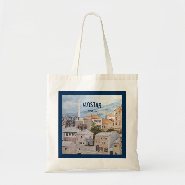 Bolsa Tote Mostar, Bósnia - Pintura de paisagem acrílica (Frente)