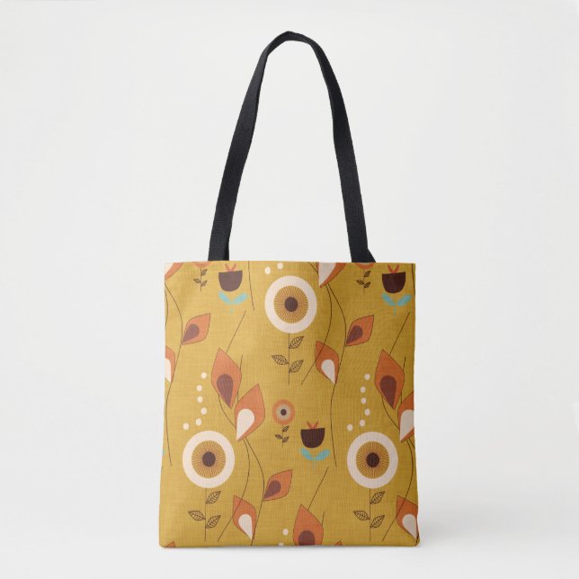 Bolsa Tote Mostarda Floral Moderna de Meio século 70 (Frente)