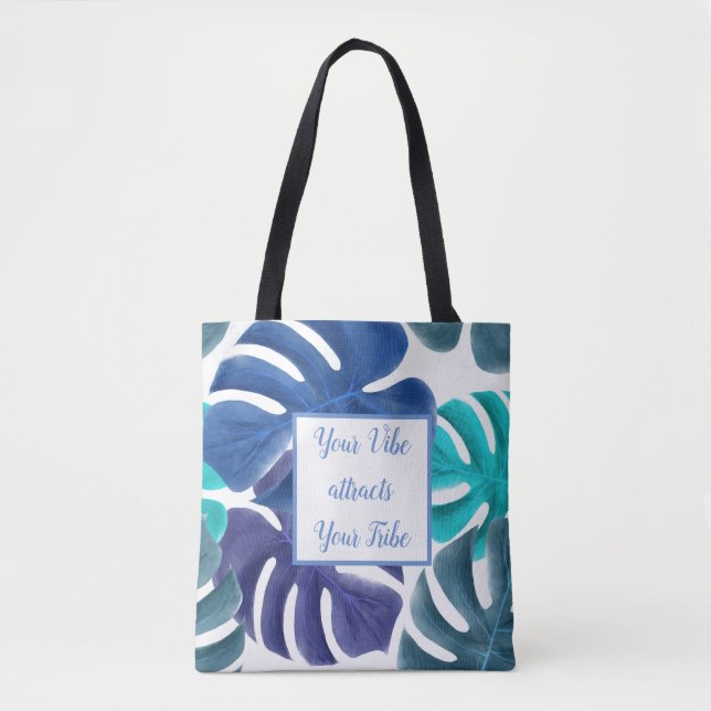 Bolsa Tote Motivação de Folhas Azuis Tropicais (Frente)