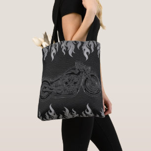 Bolsa Tote Moto de couro preto chamas prateadas fogo quente