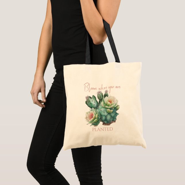 Bolsa Tote Moving Cactus Bloom Where You are Planted (Frente (produto))