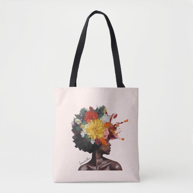 Bolsa Tote Mulher Afro-Americana com Cabelo Afro Floral (2) (Frente)