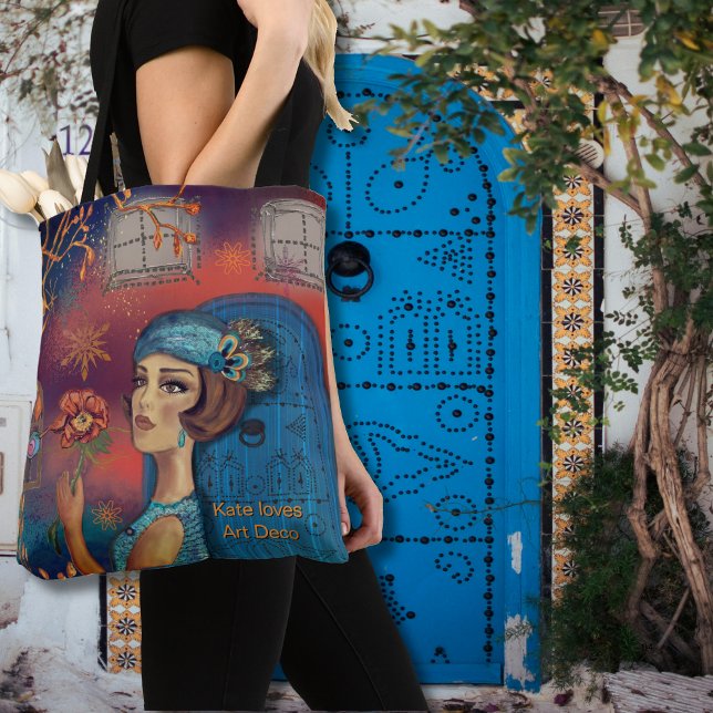 Bolsa Tote Mulher Art Déco Laranja Azul (Art Deco Woman Orange Blue Tote Bag)