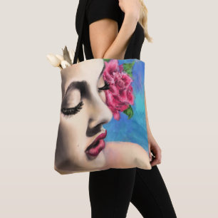 Bolsa Tote Mulher Bela com Rosa vermelha - Pintura Original
