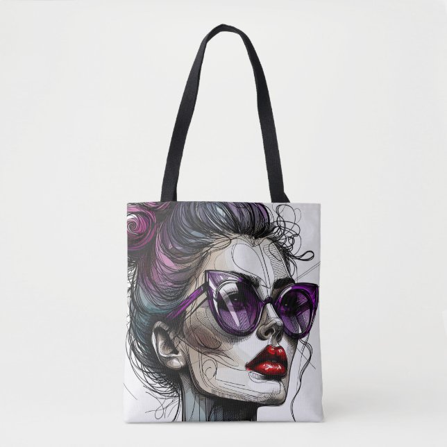Bolsa Tote Mulher bonita de óculos de sol e batom roxo (Frente)