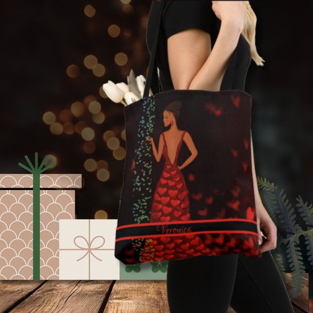 Bolsa Tote Mulher Caprichosa com Vestido Vermelho (Modern tote bag with woman in red dress)