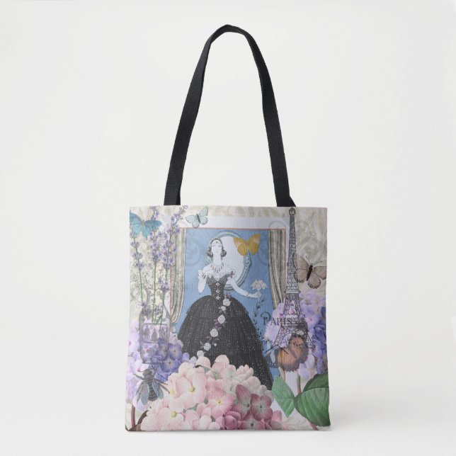 Bolsa Tote Mulher Elegante Azul Vestido Floral Chique  (Frente)