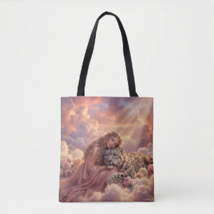 Bolsa Tote Mulher Encantadora e Leopardo da Neve Arte Fantasi
