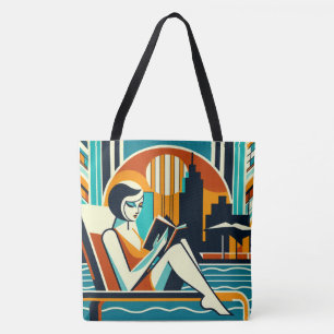 Bolsa Tote Mulher Lendo Livro Poolside Art Design