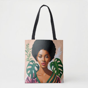 Bolsa Tote Mulher Negra Afro Monstera Deliciosa Botânica