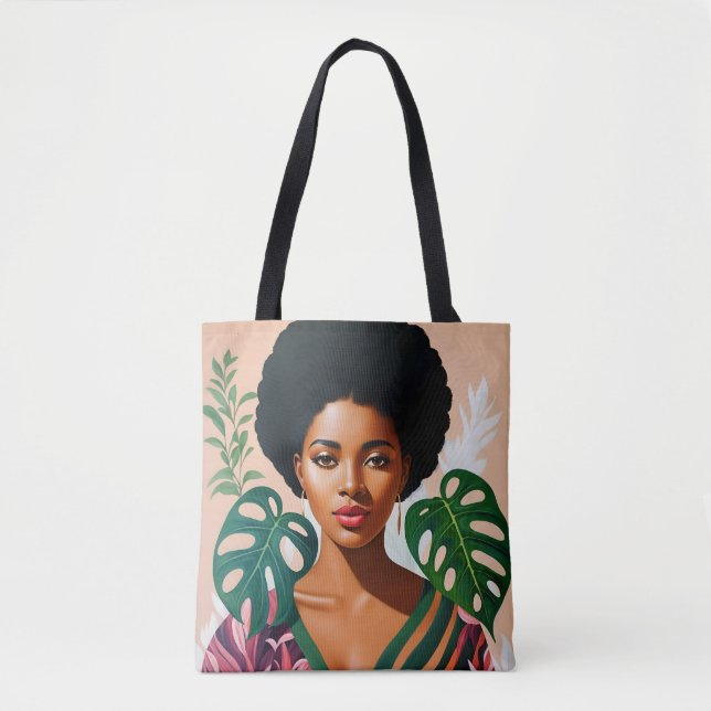 Bolsa Tote Mulher Negra Afro Monstera Deliciosa Botânica (Frente)